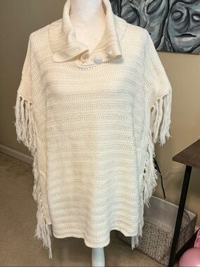 Cream Fringe Knit Poncho with Buttoned Shawl Collar